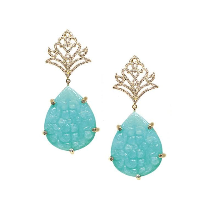 18K Yellow Gold Amazonite Earrings – Engraved with Zircon & Amazonite Stones